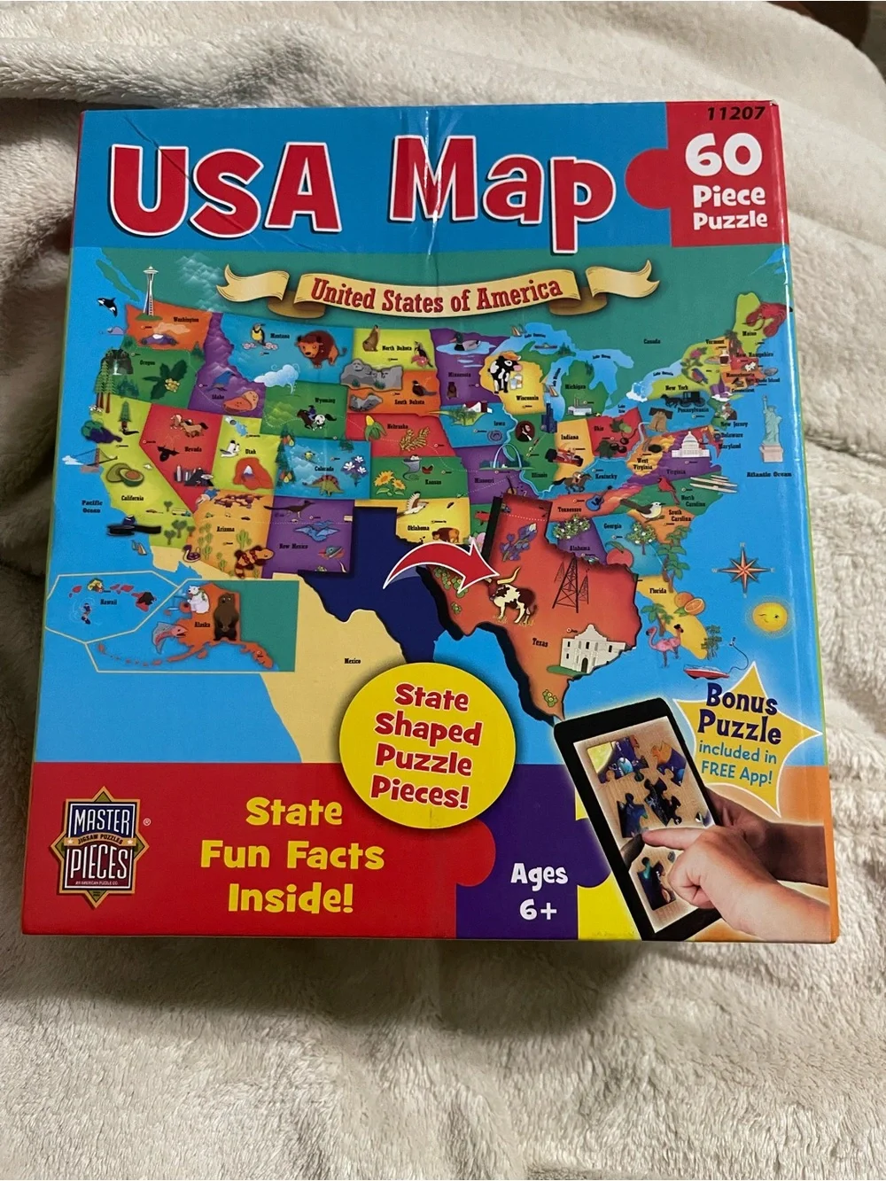 USA Map 60-Piece Kids Puzzle - Colorful Blue Box 16.5 “x 12.75 “